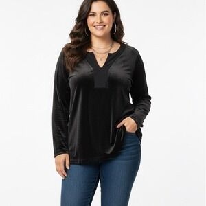 Pure Jill Black Velvet V Neck Long Sleeve Tunic Top Size 2X‎